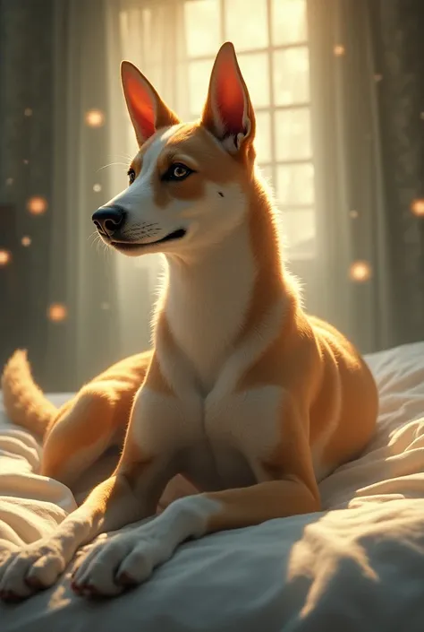 (Mummy Basenji:2.5), (male, muscular, slim:2.5),(soul eyes), (body:1.8), (detailed_fur:1.67),(bald), (fluffy tail:1.8), (swarm:1.7), (detailed_background, lying on a bed, interior:1.8),(glow, god rays, ethereal, dreamy, heavenly, otherworldly, dream-like, ...