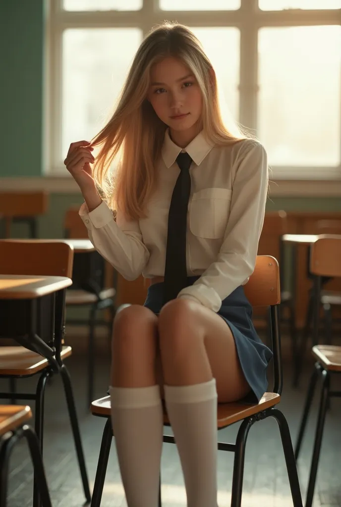 ultra realistic, photography, full body picture of an russian scandinavian girl from 3 grande elementary school,with super long blond hair, beautiful brown eyes, hourglass slim figure, perfect skinny slim perfect body, small breasts, long skinny legs, 5 inch platform high heels, Flirty look, blur background, wearing a school girl outfit (open blouse with cleavage, short mini skirt, white opaque thigh socks, a tie), sitting in classroom, sitting on a chair behind her desk, looking sedcutively, playing with a strand of her hair, she has her legs crossed,  the sun is shining throug the windows and making a beautiful natural light, dramatic cinematic lighting, perfect stunning picture, best quality , 8k, Alexa camera, full body picture.