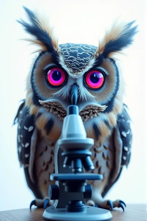  An owl with big eyes ,  purple sclera and reddish pink pupil .  This owl is looking at a microscope. All this on a white background 