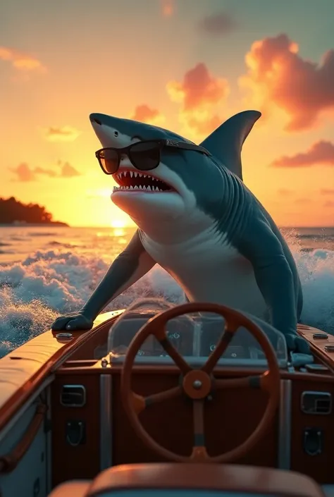 A shark wearing dark glasses and taking the helm of a boat at a sunset in the Bahamas 