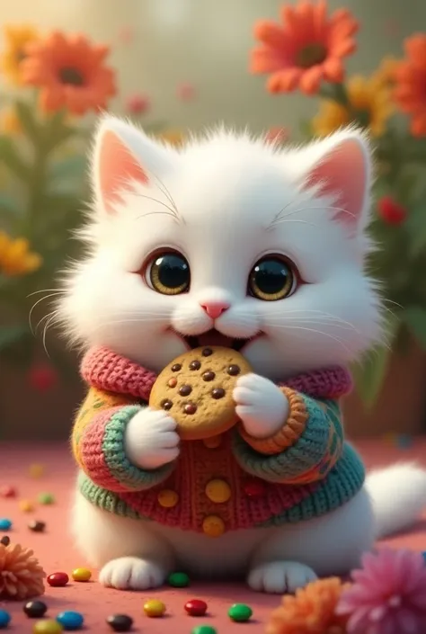 White fluffy cat eats M&M cookie and wearing color sweater,background flowers 