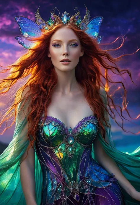 In a mesmerizing digital photograph, a resplendent arcane fairylike nymph dazzles with its ethereal beauty and fiery brilliance. Happy, smile. The opalescent skin shimmer with hues of emerald and amethyst, their iridescence seemingly alive with a magical g...