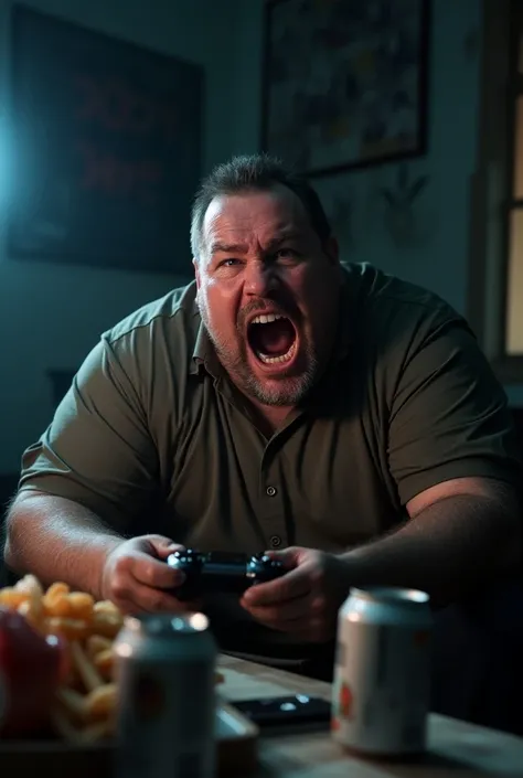 Take me a photo of a fat guy freaking out about FIFA 