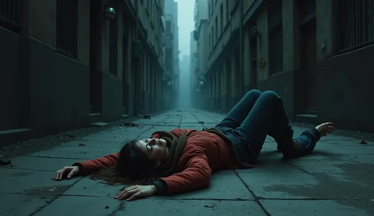 концепт art, art, dark alley and with a dead girl lying on the ground in warm clothes upside down