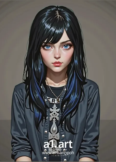  Create for me an eighteen-year-old girl with black hair mixed with blue at the ends, blue eyes, red lips,  fair skin with emo clothes .