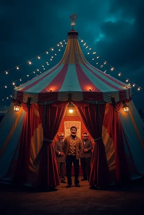 Night circus tent ,  with the festival poster and sinister clown masks 