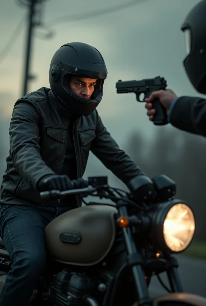 A motorcyclist wearing a helmet sitting in front of his motorcycle in profile, he looks at the camera and has a gun pointed at him in his head