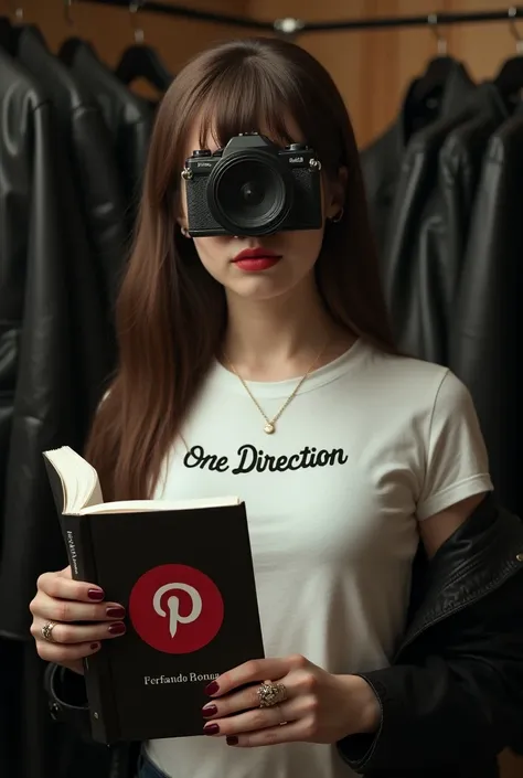  girl in a white t-shirt that says  "one direction " in the center,  with 
a black leather jacket , It has no face or head ,  has brown hair 
dark down to the bottom of the breasts ,  A BIT of bangs ,  your head is a 
Large Canon camera ,  and his left han...