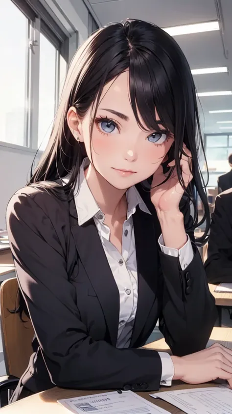 masterpiece, best quality, highly detailed, 1girl, OL, sitting at desk, holding compact mirror, intently looking at compact, admiring herself, narcissistic expression, self-assured expression, confident smile, “I’m right, I’m beautiful” expression, oblivio...