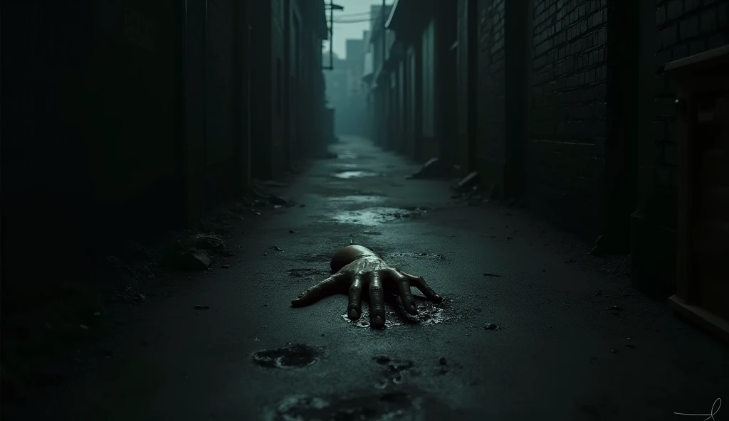 концепт art, art, a narrow dark alley and with a dead girls hand in a barely lit street