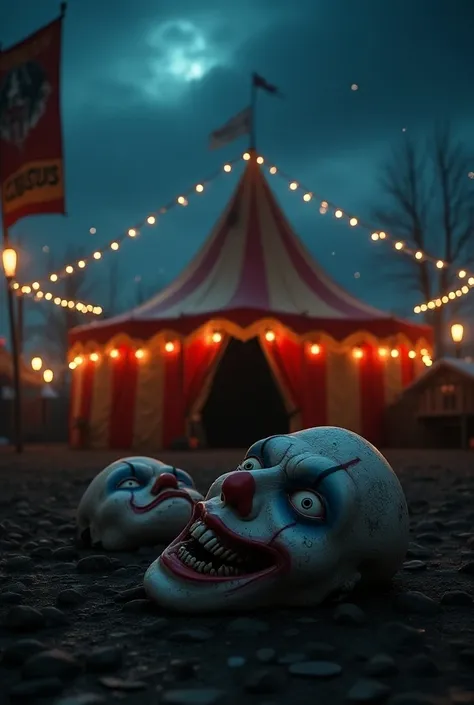 Night circus tent , with the poster of the fair and sinister clown masks on the floor