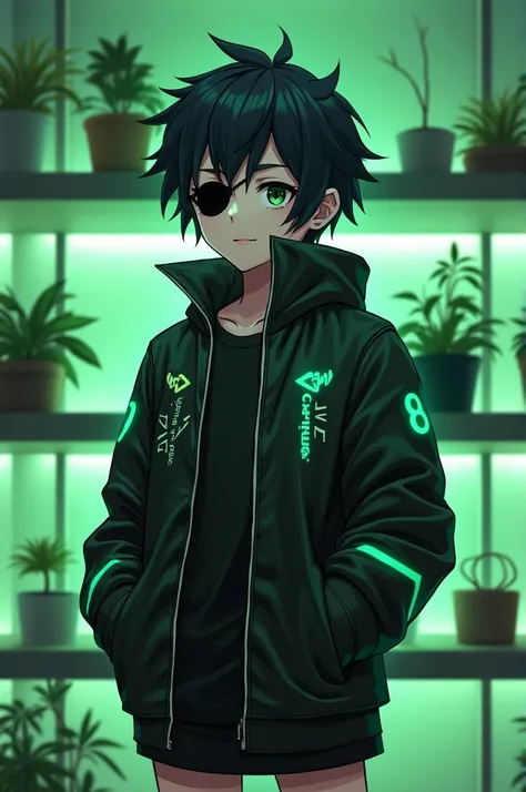 Here’s the prompt for the full image:

"A stylized anime character with dark, spiky hair wearing an eyepatch and a black futuristic leather jacket with glowing green accents. The character stands in a sleek, modern room with a green backdrop. Floating shel...