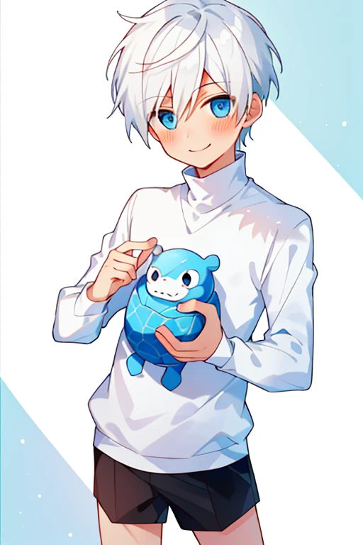 (( masterpiece)),((( Better quality))), ( High quality, stunning),( expressive eyes , perfect face), 1 boy, Alone, eyes, short, Young, , short white hair, blue eyes,  smiling, Blush,  white turtleneck shirt, short shorts, 