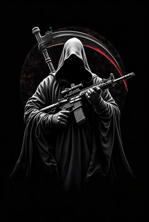 A Black military patch with a grim reaper wearing a cape holding a AR-15 with a scope with a red tip scythe on its back with the words Obsidian Reaper Corps 