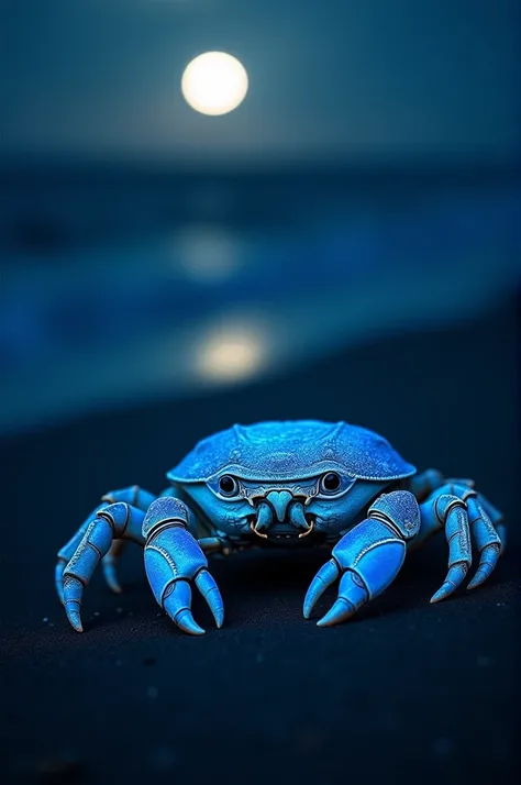 "A close-up of a glowing blue horseshoe crab on a beach at night, with its ancient armor-like shell reflecting the moonlight, symbolizing its long survival."