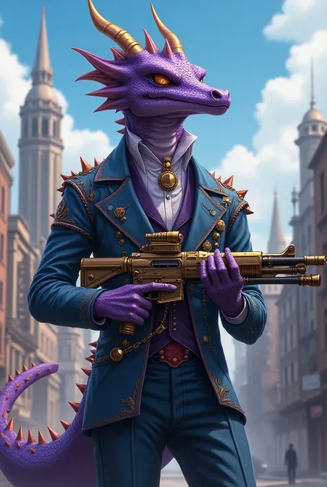  imagine anime-style art of a humanoid dragon with purple scales and steampunk clothes,  the humanoid dragon is 2 meters tall and uses a rifle as a weapon ,  wears a Victorian city outfit adapted for a steampunk look , Make a long snout like a dragon 