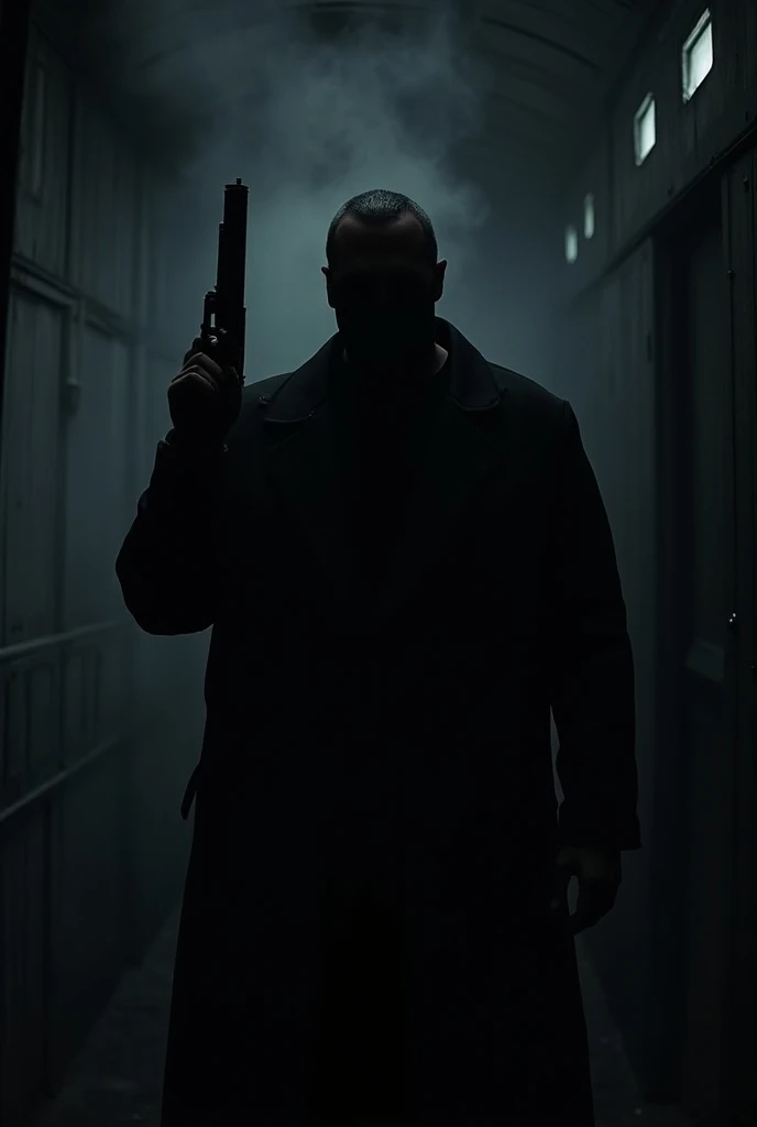 Tall man with his face covered and dressed in black in a black van pointing a gun 