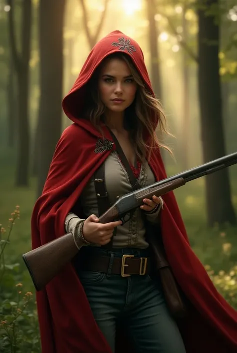  30-year-old woman dressed as Little Red Riding Hood, with a double-barreled shotgun 22 , 8k photorealistic style