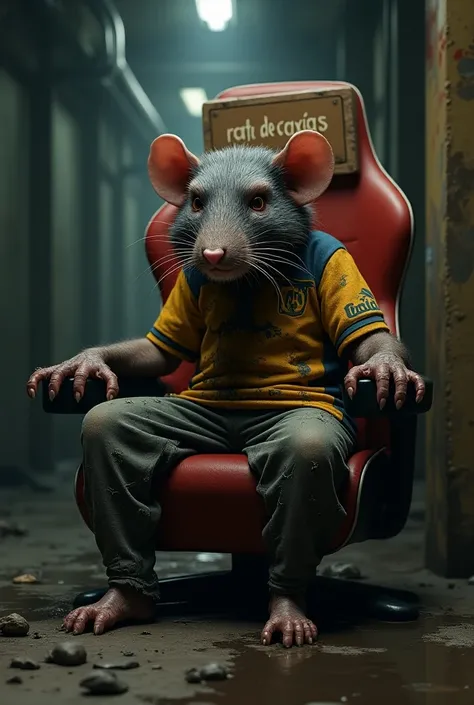  create a sewer rat sitting in a gamer chair, with a sign saying "Rato de Caxias " back