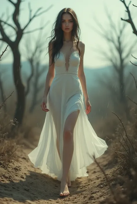  A most beautiful woman in the world , dressed in a thin white sexy dress walking in the drizzling rain while looking at me. A landscape of dry land and trees that are dry but raining . 3d real image. 