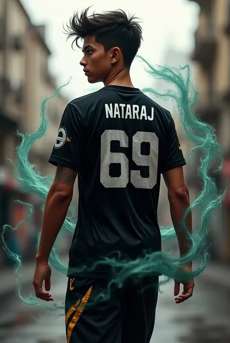 Generate an image in a teenage boy wearing a black Jersey named nataraj in the back with the jersey number 69 who walking with venom