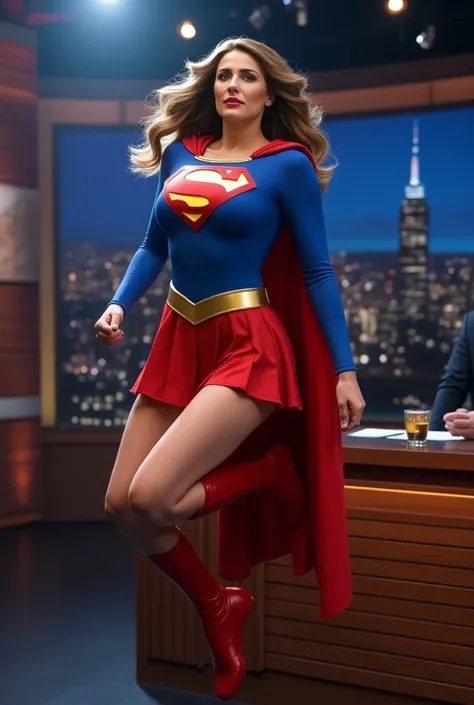 Supergirl 1980s in focus ((( 60 years old ; big breasts;  brown hair with some white threads))),floating in the air, no meio do cenário em The Tonight Show com Jimmy Fallon