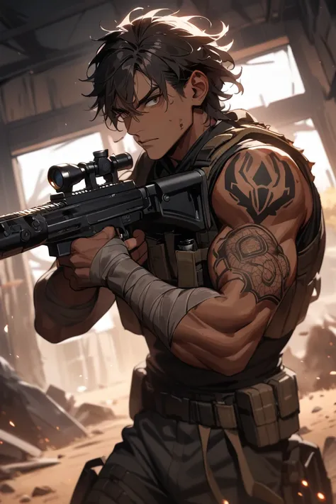 1boy, malefocus, solo, frantic, mercenary, full sleeve tattoo, aiming a rifle, muscular arm, wearing black fitted tank-top and black tactical chest rig, combat pants, bloody bandages, looking at viewer, indoor, dust & embers, upper body, cinematic angle,, ...