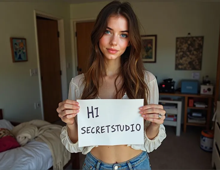 young female age 18 named jane soberton, long brown hair brown eyes, small breasts, wearing a crop blouse and blue jeans, posing in a messy bedroom, selfie photo and holding a handwritten note   with the message "Hi SECRETSTUDIO"