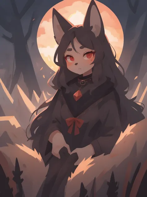 Dont Starve style, masterpiece, best quality, ultra-detailed, illustration, 1girl, black long hair, full red eyes, wolf ears, black mantle, fluffy collar, sunset