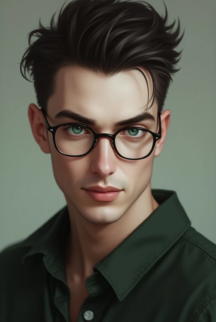 A POMEA MAN WITH A PIERCING FACE, SPARKLING GREEN EYES, LOOKING AT A SMILE, A TALL, 173-BODY, SLIM BUT BEAUTIFUL, CUTE, MANLY, SHORT HAIR LIKE A MAN, EYES MUST LOOK THINNER, WHITE SKIN, LETS LOOK CUTE, BEAUTIFUL, AND WEAR GLASSES, NOT LIKE THAT.