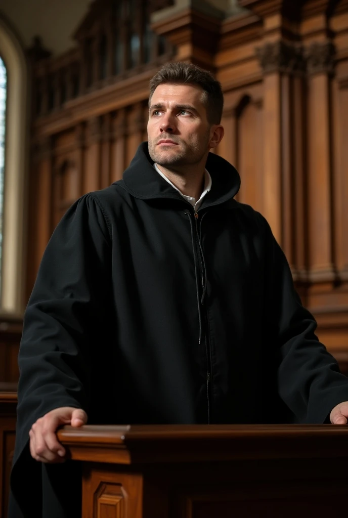 Zwingli, Tom Cruise, Swiss reformer, wearing a black robe, preaching the word at a great and large wooden pulpit, academic man, his gaze is penetrating and firm, a resolute man, 16th century beautiful Swiss church, wonderful scene, majestic photo