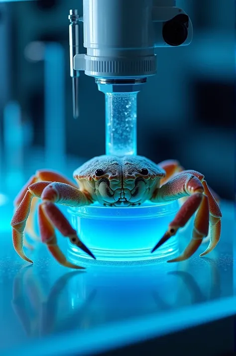 "A close-up of the unique blue blood of the horseshoe crab being tested in a high-tech lab, with bacteria being detected by the compound LAL."