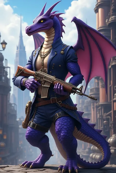  imagine anime-style art of a humanoid dragon with purple scales and steampunk clothes,  the humanoid dragon is 2 meters tall and uses a rifle as a weapon ,  wears a Victorian city outfit adapted for a steampunk look , Make a long snout like a dragon 