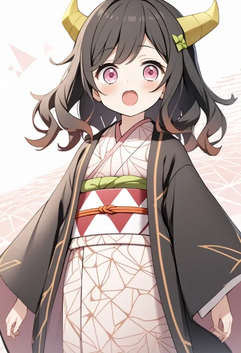 1girl, Nezeko Kamado, long, wavy, black hair that reaches just below waist, crimped into large, straight ridges, pink eyes, A short white horn on the right side of head, Sakura colored kimono with a geometric triangle design, secured by a checker patterned...