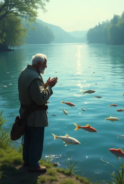 An old man watching the a lot of fishes  in the water but the the fishes are so far he is screaming because he has not idea to catch them up 