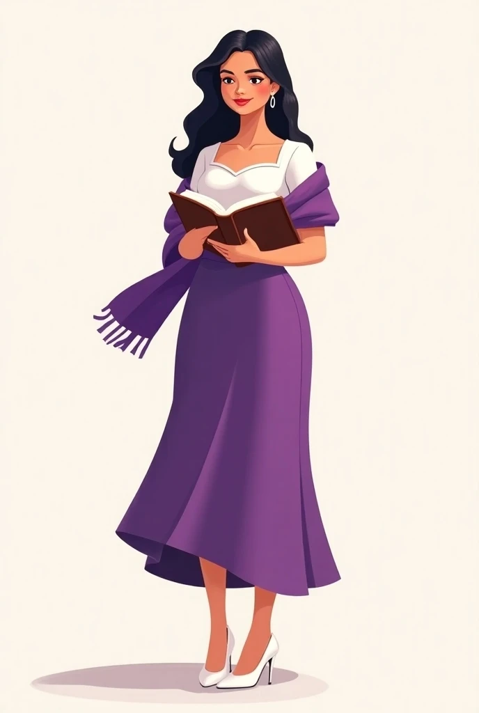 Woman standing reading the Bible  , not so realistic , Show the whole body with a purple scarf white blouse and purple skirt and white heels  , without earrings , latina , illustracion,  not realistic