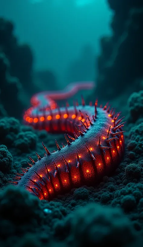 "A vibrant polychaete worm stretches along the dark seabed, its segmented body displaying deep reds and dark greens. The diver’s POV captures its bristle-covered surface and bioluminescent glow, illuminating the surrounding sediment in the shadows."