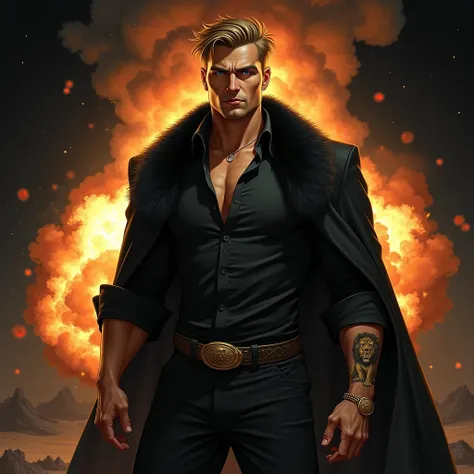 ( masterpiece ), ( The best quality : 1.1) (ultra detailed) illustration style, (portrait: 1.1) On a DARK BLACK BACKGROUND WHERE YOU CAN SEE A BIG EXPLOSION,  MIRED IN DARKNESS ,  STANDING WITH A DOMINANT EXPRESSION AND SUPERIORITY ,  THE POSE IS DOMINANT ...