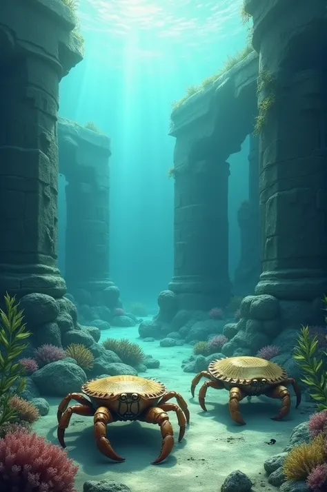 "A serene underwater scene with horseshoe crabs scuttling peacefully through ancient ruins,