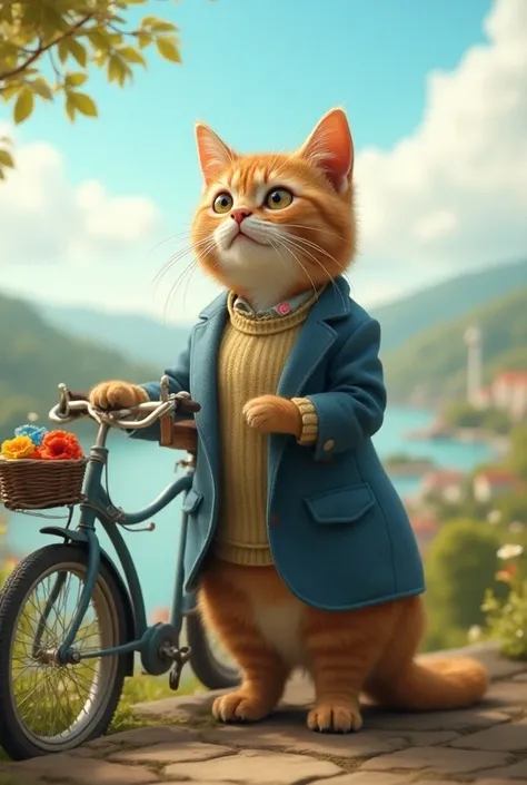 Create  image in which the cat is wearing clothes and seeing the view, and a bike is standing in his back