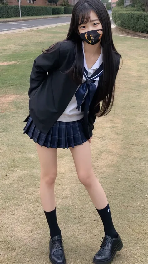 One girl, cute, Black-haired, smile, Looks pure, Sailor suit, photograph, Realistic, Best Quality, Detailed face, whole body, thin, Thin legs, Long legs, Wear thigh-high socks, Put on your shoes, School, classroom, Long black straight hair,