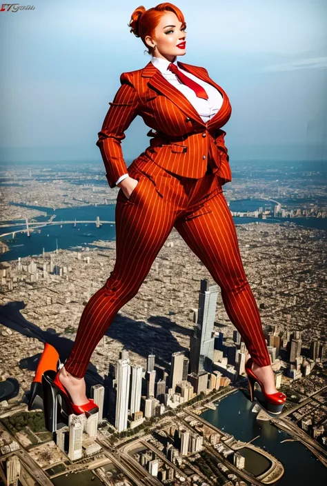 (photorealism:1.2), young , beautiful bbw schoolgirl a massive curvy ginger ponytail red lips wearing a perfect  orange pinstripe suit with a thick bright orange tie large collar large breasts. Platform high heels , standing, giantess art, highly detailed ...