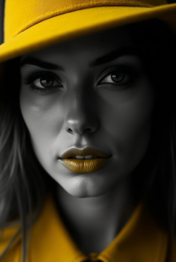 russian model closeup face blackwhite image , yellow hat ,yellow lipstick 