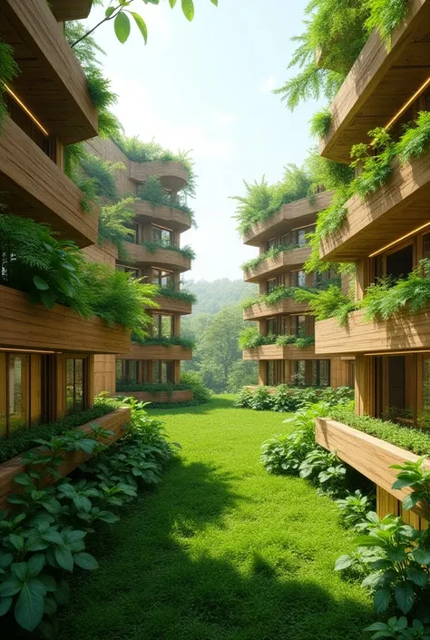 Urban vertical farming in medium-sized structures made of natural materials, modern simplistic external style, the farming buildings are surrounding a very wide open space of greenery, volumetric lighting, 2050