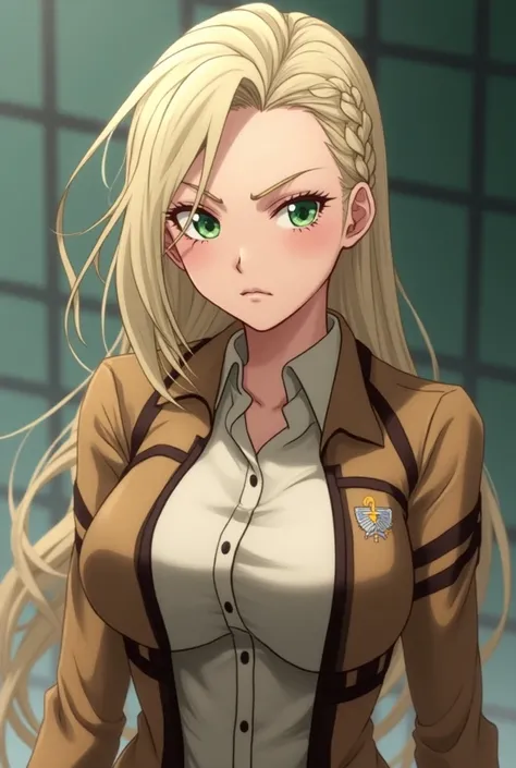 An anime woman, slender with huge boobs, (dressed in a survey corps scout uniform from Attack on Titan), green eyes, pale long blonde hair in a single braid, sophisticated, beautiful, serious, Blonde Hair, Single Braid, Large breasts, Closed Mouth, Serious...