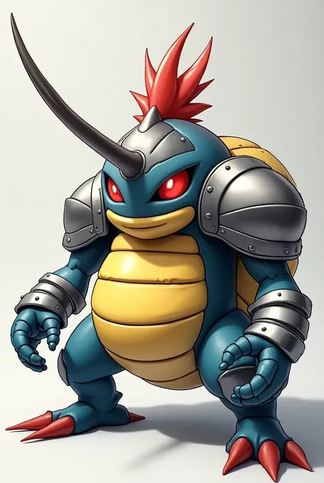  Cavalanzas is a medium-sized and beetle-like Pokémon .  Its small ,  squat body is colored blue and yellow and is still strongly reminiscent of Laukaps ,  but is studded with various silvery metal parts :  His abdomen is decorated with a snail shell shape...