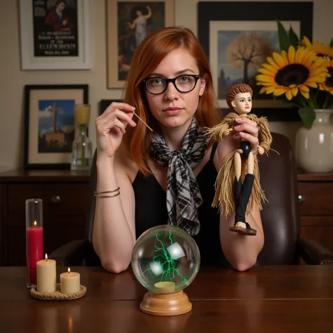 Ultra realistic. A woman with red hair and glasses is sitting at the table. The woman has half a scarf in her hair. The womans age is in her 30s, there are candles and incense on the table. There is a round glass globe on the table in front of the woman. I...