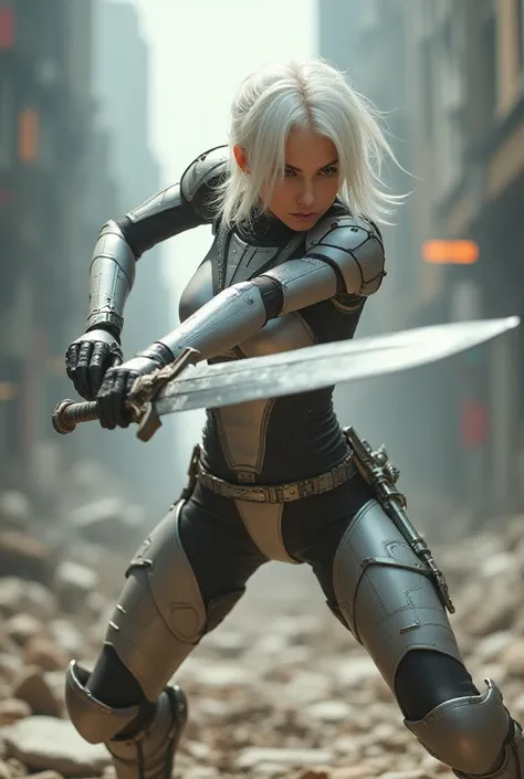 Young woman with double e-cup , Slim waist, 155 cm tall, With white hair in cut-out light leather and metal armor and a two-handed sword in combat posture and swing holding for a horizontal blow in a crumbling city