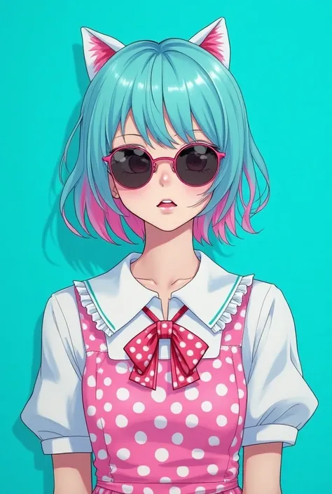 
Portrait of manga style blue-pink hair girl wearing sunglasses and pink polka dot dress with collar and bow tie. Standing against turquoise background, looking at camera. Studio shot, one person.