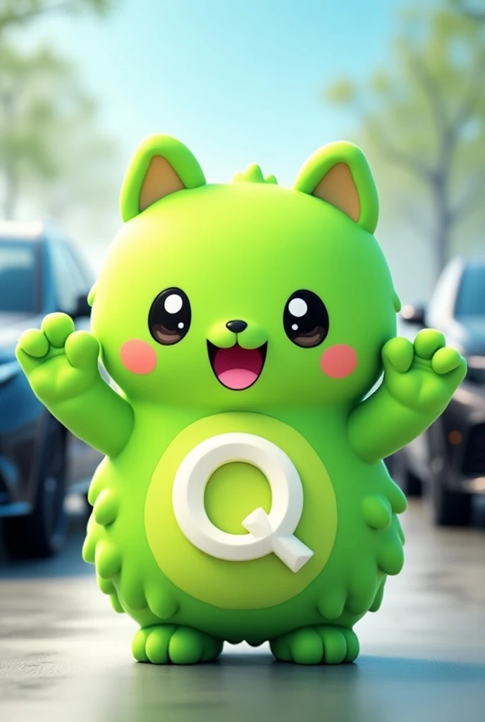 Create a kawaii mascot for an automotive company about the month of Quality, that has the color green , Have the letter Q and do an OK with your hand yiffymix